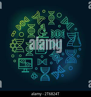 DNA helix vector genetics and science colorful round illustration or symbol in linear style on dark background Stock Vector