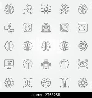Artificial intelligence icons set. Vector robot, brain and other AI concept symbols or design elements in thin line style Stock Vector