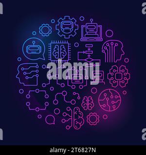 Machine learning colorful round vector illustration in linear style on dark background Stock Vector