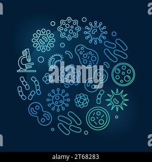 Bacterias round blue symbol made with linear bacteria and viruses icons. Vector illustration on dark background Stock Vector
