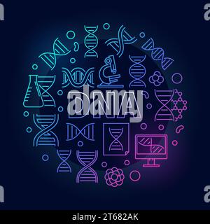 Vector DNA colorful round illustration or symbol made with double helix and other science outline icons on dark background Stock Vector