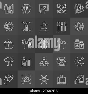Do-it-yourself biology vector icons. Collection of biohacking minimal symbols on dark background Stock Vector