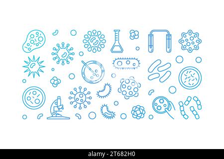 Microbe blue illustration or horizontal banner made with bacterias and microbes concept icons on white background Stock Vector