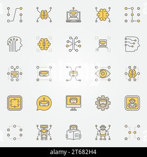 Machine learning colorful icons set - vector data mining and AI creative symbols or design elements Stock Vector