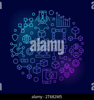 Colorful blockchain concept circular vector symbol in thin line style on dark background Stock Vector
