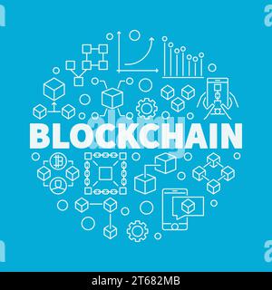 Blockchain technology linear circular vector illustration on blue background Stock Vector