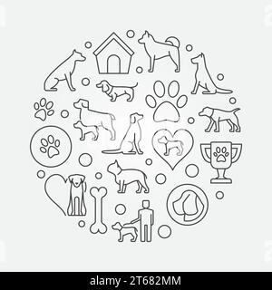 Dogs round outline illustration. Vector concept symbol in thin line style made with dog icons Stock Vector