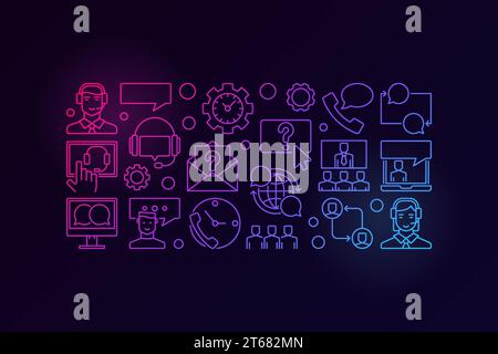 Colorful customer service and support vector outline horizontal banner or illustration on dark background Stock Vector