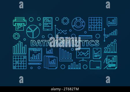 Data analytics concept vector blue horizontal banner or illustration in thin line style on dark background Stock Vector