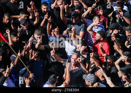 Tulkarm, Palestine. 07th Nov, 2023. Palestinians attend the funeral of the four Palestinian militants killed by the Israeli forces in Tulakrem refugee camp during their funeral. (Photo by Nasser Ishtayeh/SOPA Images/Sipa USA) Credit: Sipa USA/Alamy Live News Stock Photo