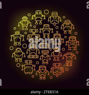 Robots circular yellow line illustration - vector round symbol made with robot icons on dark background Stock Vector