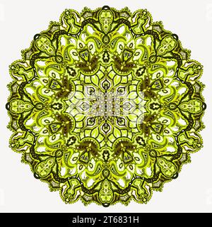 Mandala abstract green, olive small elegant tiny details of circle pattern. Beautiful background. Ornate, brown, yellow, grass green on the white back Stock Photo