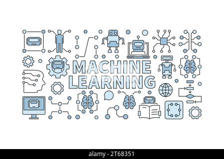 Machine learning algorithm illustration. Technology concept vector horizontal banner on white background Stock Vector