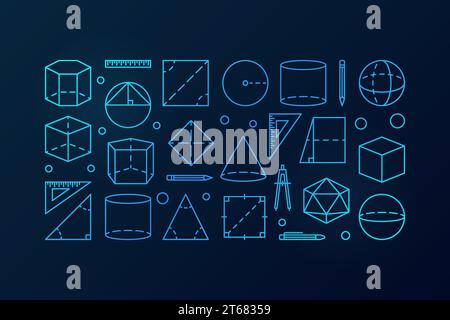Geometry vector blue illustration made with linear icons of geometrical figures on dark background Stock Vector