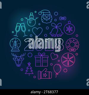 Happy New 2018 Year vector round colored illustration or symbol in thin line style on dark background Stock Vector