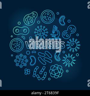 Viruses vector round blue concept illustration made with virus and bacteria outline icons on dark background Stock Vector