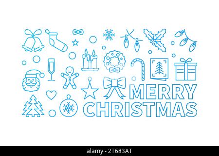 Merry Christmas blue vector linear horizontal banner. Xmas minimal illustration in thin line style on white background Stock Vector