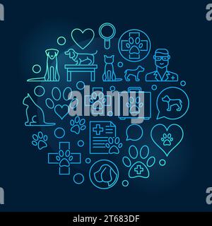 Veterinary vector round blue illustration made with linear icons. Pet clinic line sign on dark background Stock Vector