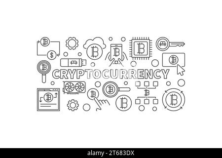 Cryptocurrency vector linear illustration. Digital money concept banner in thin line style Stock Vector