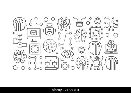 Artificial Intelligence and machine learning vector banner or illustration in thin line style Stock Vector