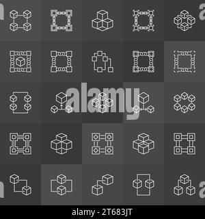 Block chain icons collection. Vector blockchain and cryptocurrency concept outline signs on dark background Stock Vector