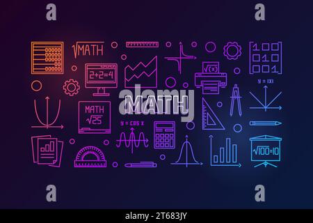 Math vector colorful horizontal banner or illustration in thin line style on dark background Stock Vector