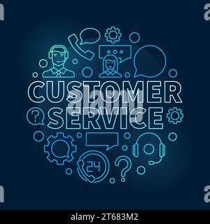 Blue customer service round illustration - vector customer support and care concept circular linear symbol on dark background Stock Vector