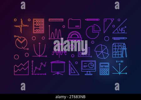 Algebra and mathematics colorful vector minimal line concept illustration on dark background Stock Vector