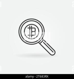 Magnifying glass with bitcoin concept vector icon or symbol in thin line style Stock Vector
