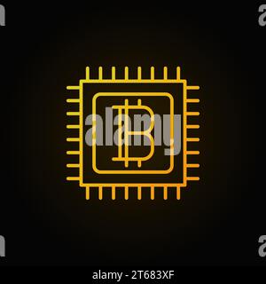 Bitcoin in microprocessor golden linear icon. Vector crypto currency round minimal outline symbol or logo element on dark background Stock Vector