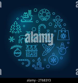 Merry Christmas blue vector circular illustration made with xmas linear icons on dark background Stock Vector