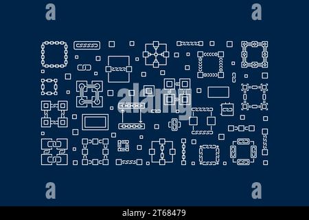 Blockchain concept vector horizontal illustration or banner made with blockchain linear icons on blue background Stock Vector