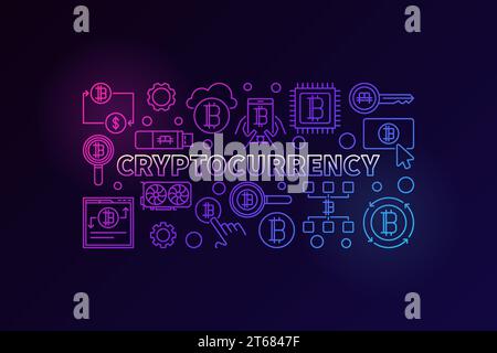 Cryptocurrency vector colorful illustration. Digital money and finance concept banner on dark background Stock Vector