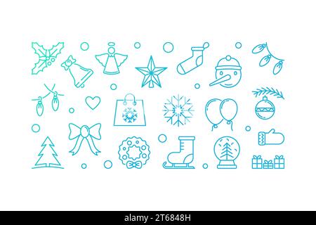 Christmas blue horizontal illustration. Vector banner made with xmas outline icons on white background Stock Vector