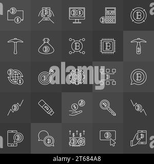 Cryptocurrencies linear icons. Vector modern cryptocurrency concept thin line symbols on dark background Stock Vector