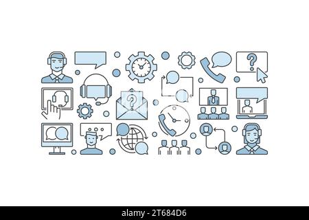 Customer service or technical support blue vector horizontal banner or illustration on white background Stock Vector