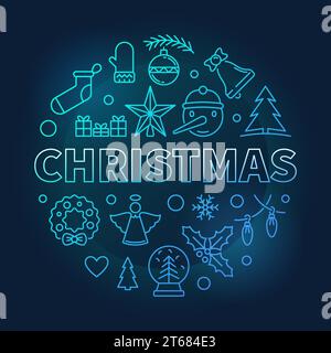 Christmas round vector blue illustration made with xmas linear icons Stock Vector