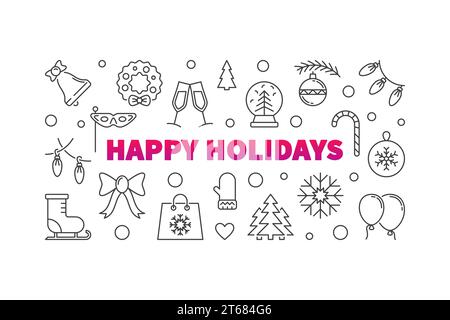 Happy Holidays horizontal vector banner or illustration made with christmas or xmas icons in thin line style Stock Vector