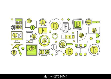 Colorful crypto currency banner. Vector bitcoin mining concept horizontal illustration on white background Stock Vector