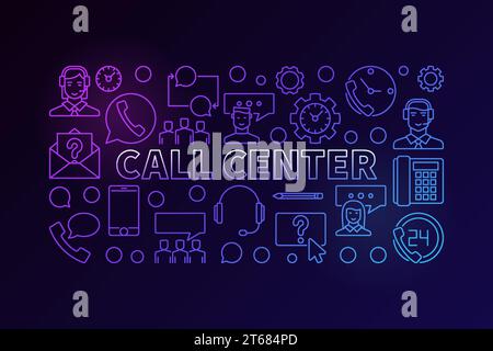 Call center colorful illustration - vector modern horizontal outline banner on dark background Stock Vector