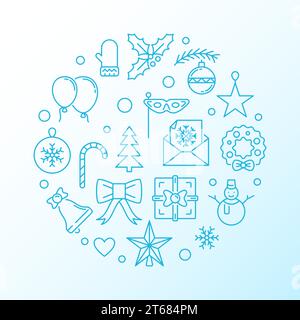 Merry Christmas blue round vector illustration. Creative xmas greeting card made line icons in circle shape Stock Vector