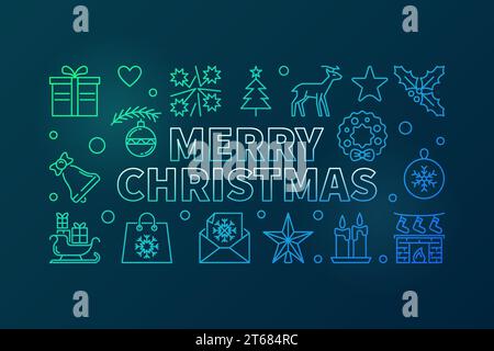 Merry Christmas colored thin line horizontal illustration. Vector Xmas concept banner on dark background Stock Vector