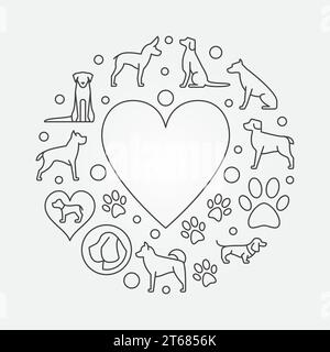 Dogs and heart round illustration - vector concept thin line circular symbol made with dog icons Stock Vector