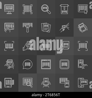 Bar code linear icons. Vector collection of barcode and scanner outline signs on dark background Stock Vector