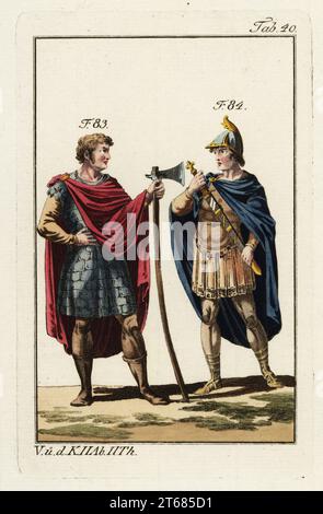 Guy I (1020s1100), count of Ponthieu and equerry. Guy I in crimson mantle, scale armour tunic holding a battle axe 83. Equerry in unusual helmet. leather breastplate and skirts, mantle, holding a sword in a scabbard 84. Handcolored copperplate engraving from Robert von Spalart's Historical Picture of the Costumes of the Principal People of Antiquity and Middle Ages, Vienna, 1796. Stock Photo