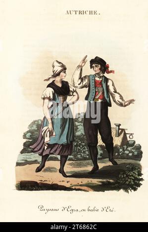 Peasants of Cheb or Eger, Bohemia (Czech Republic), in summer dress, 18th century. She wears a kerchief tied on her head, sleeveless bodice, petticoat, blue apron. Paysans d'Egra en habit d'ete. Handcoloured copperplate engraving after an illustration by William Alexander from J-B. Eyries L'Autriche: Costumes, Moeurs et Usages des Autrichiens, Austria: Costumes, Manners and Mores of the Austrians, Librairie de Gide Fils, Paris, 1823. Jean-Baptiste Eyries (1767-1846) was a French geographer, author and translator. Stock Photo