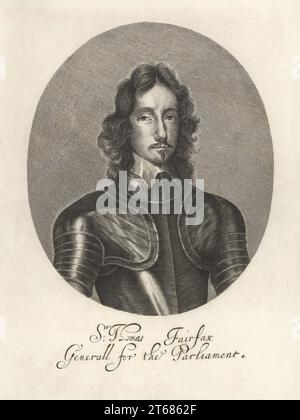 Sir Thomas Fairfax, Parliamentary General, 1612-1671. Victorious at the battles of Selby and Naseby, commander of the New Model Army. Oval portrait in collar and suit of armour. Copperplate engraving by William Faithorne after a picture by Robert Walker, 1645. Copperplate engraving from Samuel Woodburns Gallery of Rare Portraits Consisting of Original Plates, George Jones, 102 St Martins Lane, London, 1816. Stock Photo