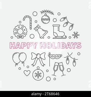 Happy Holidays round vector illustration made with christmas or xmas icons in thin line style Stock Vector