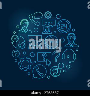 Blue customer service round vector illustration. Customer support and care concept line symbol on dark background Stock Vector