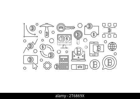 Bitcoin minimal banner. Vector crypto currency mining concept illustration in thin line style Stock Vector